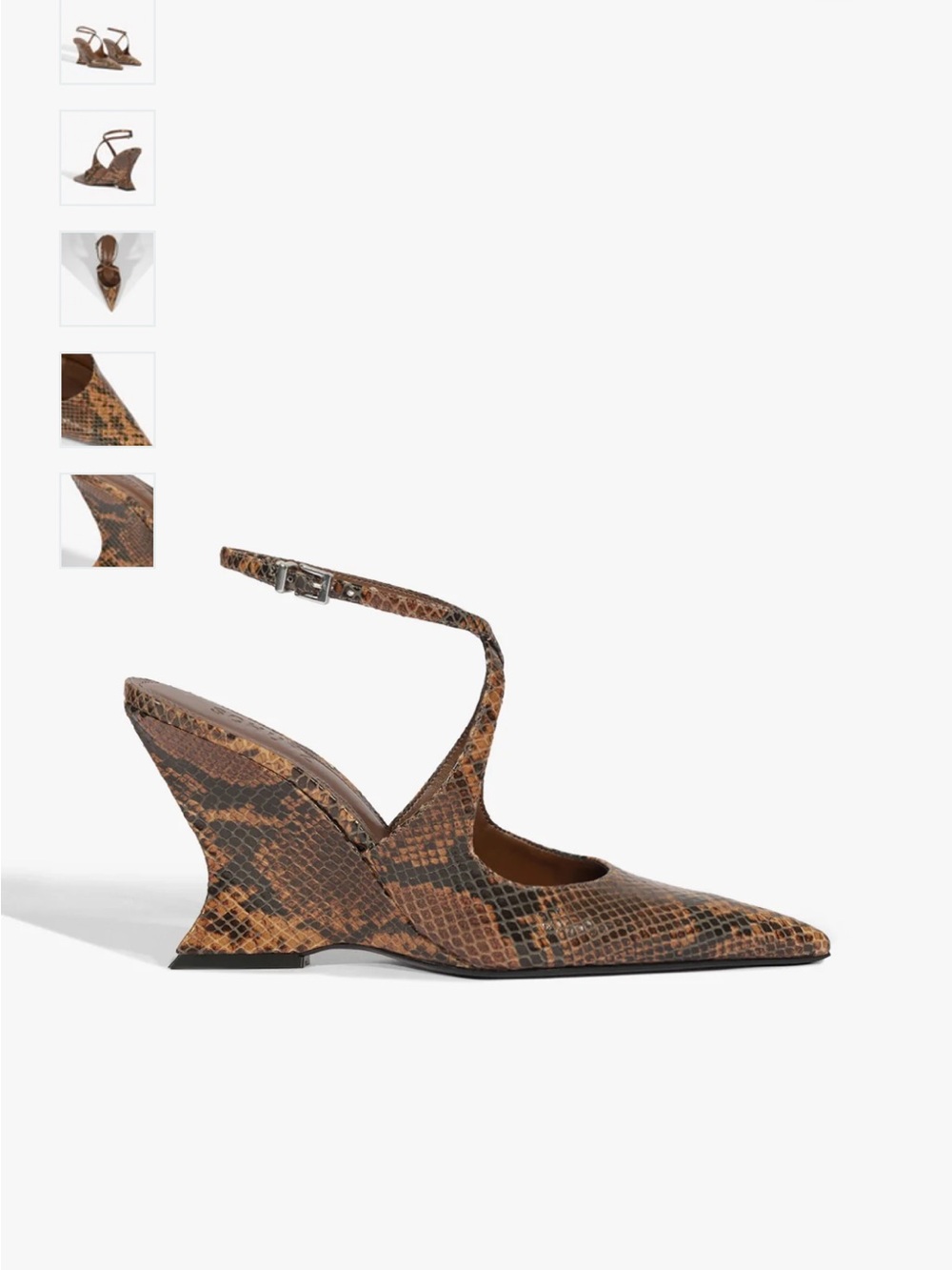 SCHUTZ Pecan Brown Snake-Print Pointed Wedge Pumps with Ankle Strap